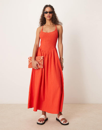 Scoop Neck Crinkle Maxi Dress With Cross Back