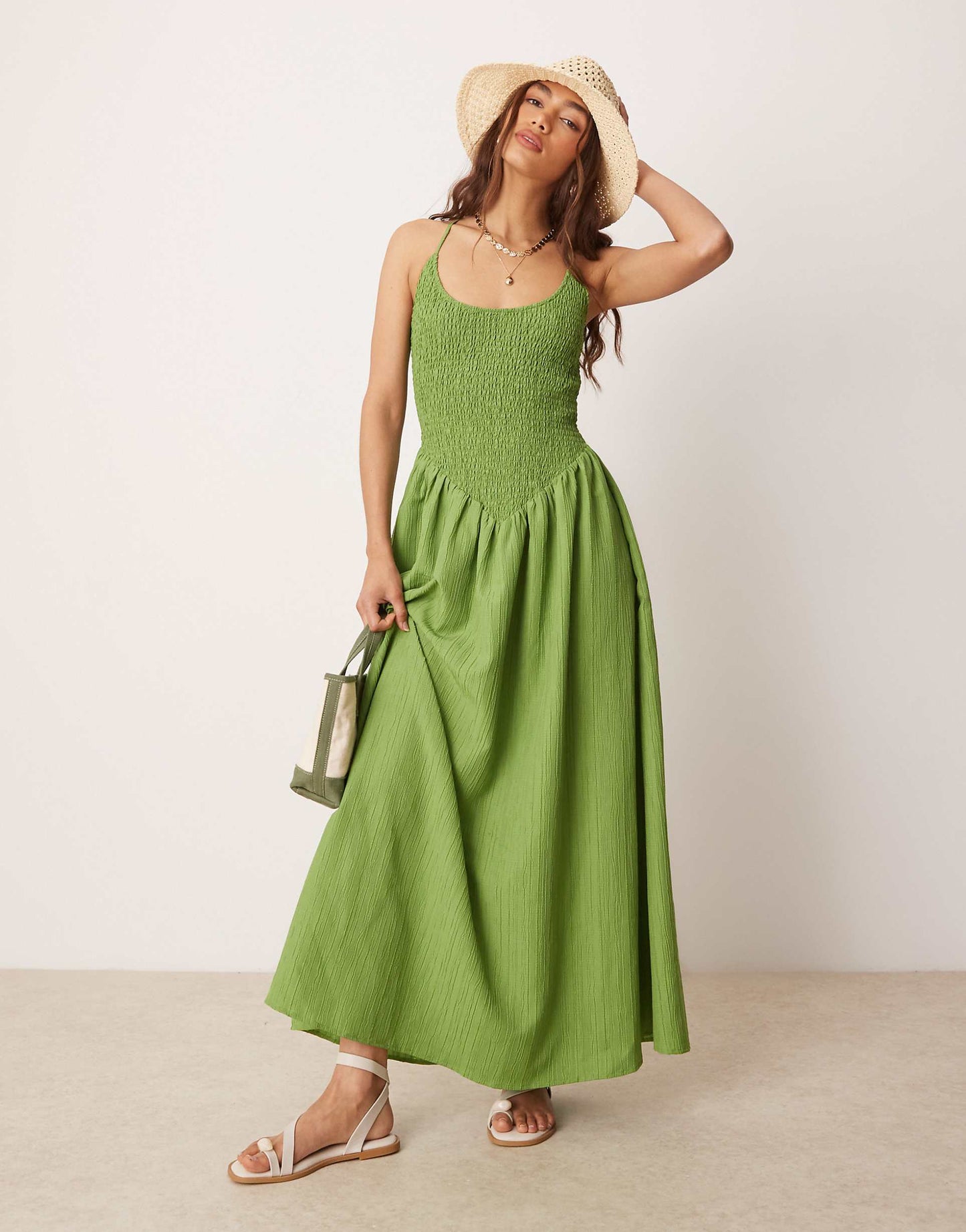 Scoop Neck Crinkle Maxi Dress With Cross Back