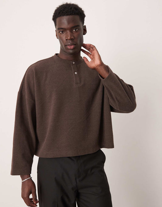 Super Oversized Cropped Heavyweight Rib Henley Jumper