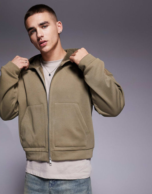 Oversized Dropped Shoulder Cropped Zip Through Hoodie With Borg Lining