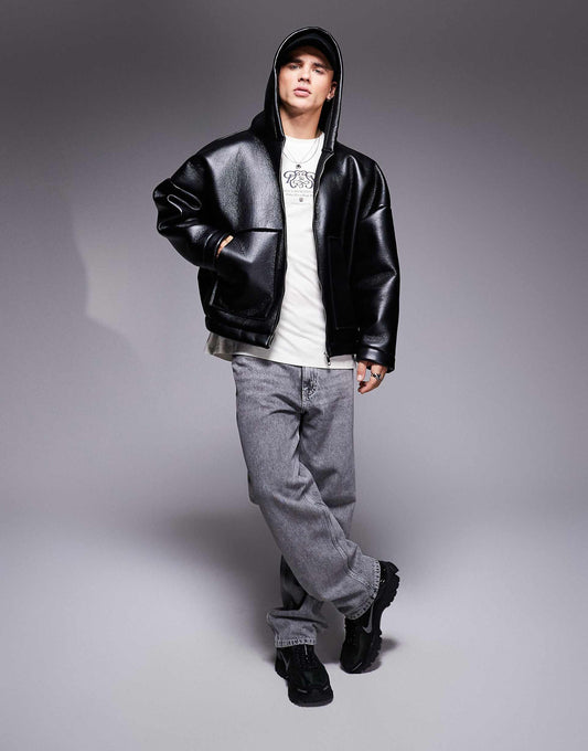 Extreme Oversized Boxy Faux Leather Hooded Jacket With Borg Lining