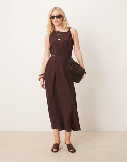 Twist Strap Drape Midi Dress With Gold Trim