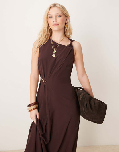 Twist Strap Drape Midi Dress With Gold Trim