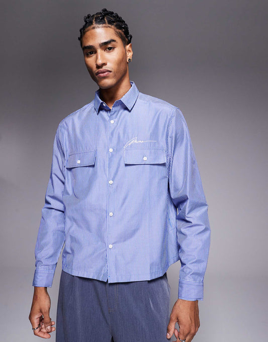 Boxy Striped Shirt With Chest Embroidery