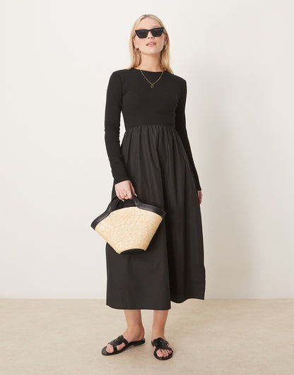 Long Sleeve Black Midi Dress With Poplin Skirt
