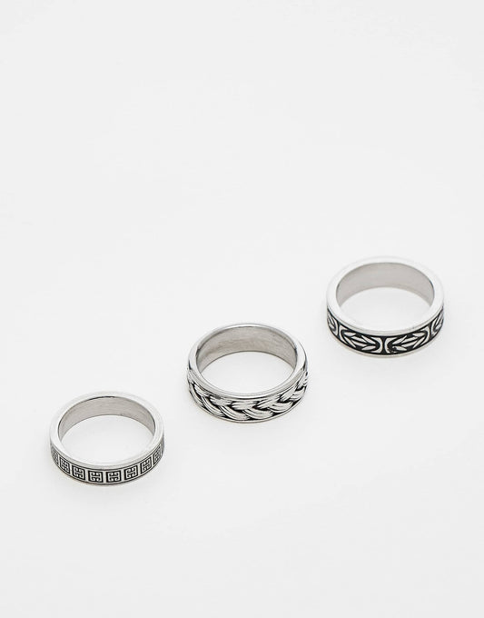 3 Pack Waterproof Stainless Steel Burnished Design Band Rings