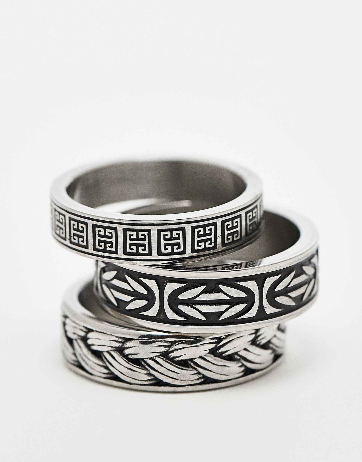3 Pack Waterproof Stainless Steel Burnished Design Band Rings