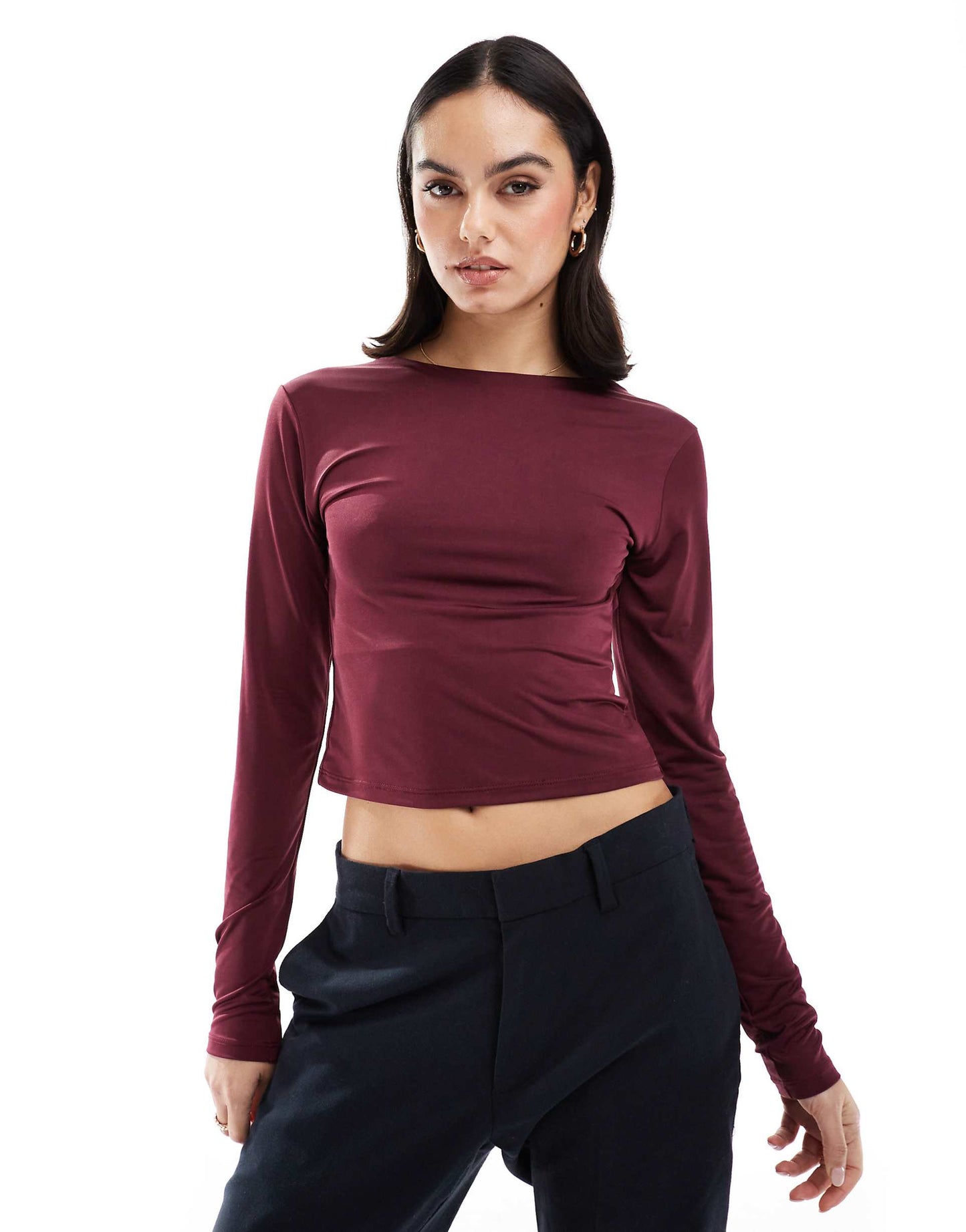 Slash Neck Open Back Long Sleeve Top