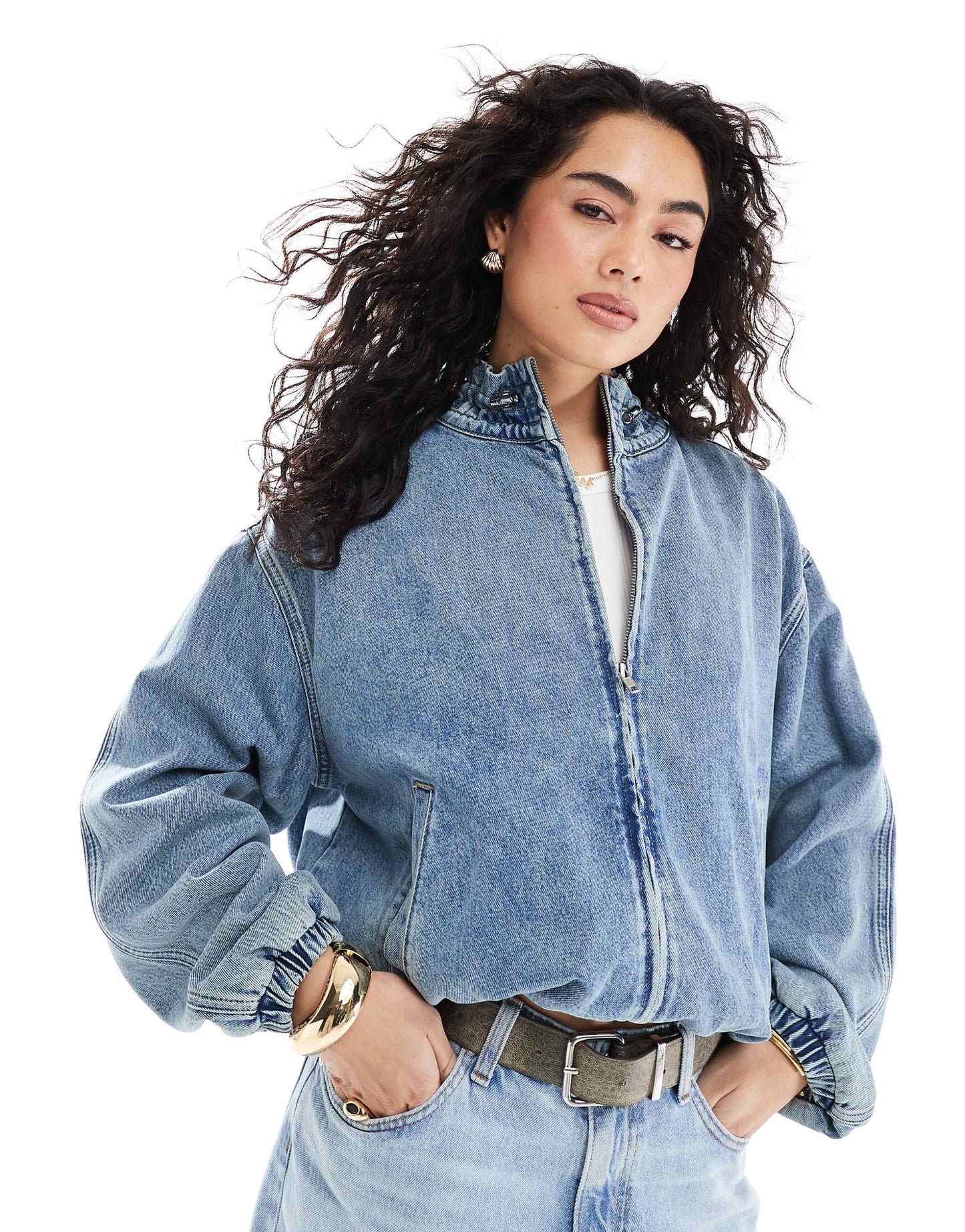 Denim Bomber Jacket With Frill Collar