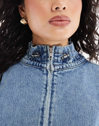 Denim Bomber Jacket With Frill Collar