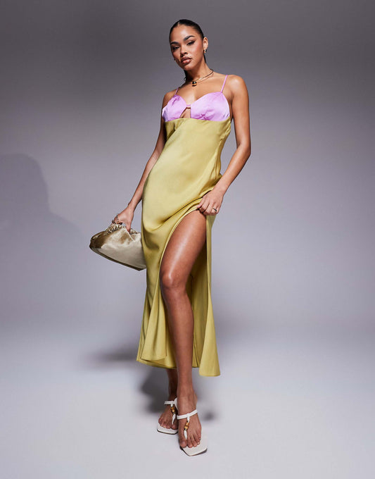 Satin Cami Maxi Dress With Colourblock Bodice