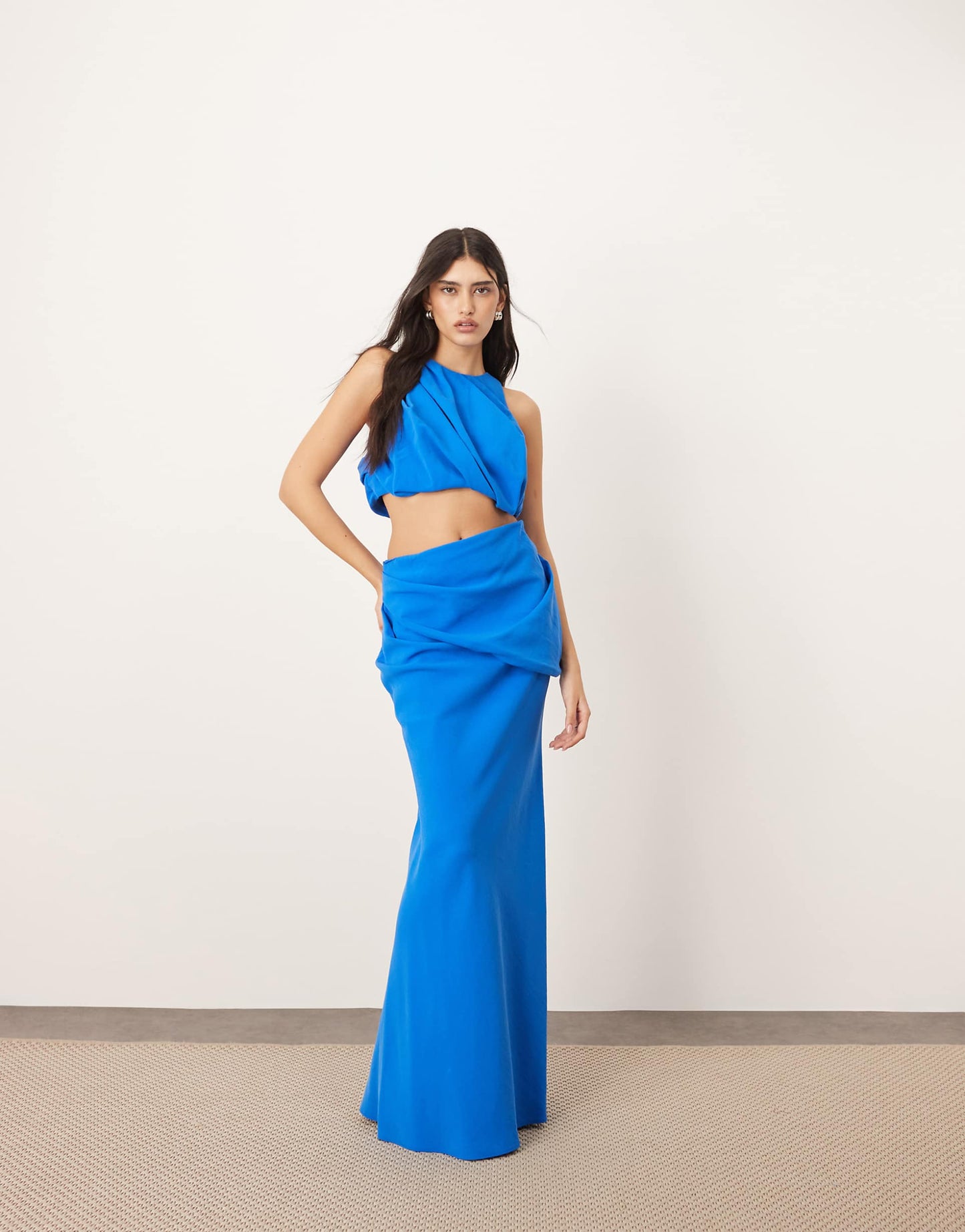 Drape Detail Maxi Skirt And Ruched Detail Racer Neck Top Co-Ord