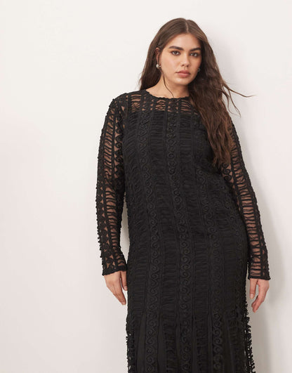 Curve Embroidered Lace Long Sleeve Midi Dress With Fringe Hem