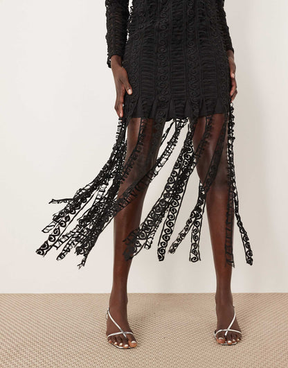 Embroidered Lace Long Sleeve Midi Dress With Fringe Hem