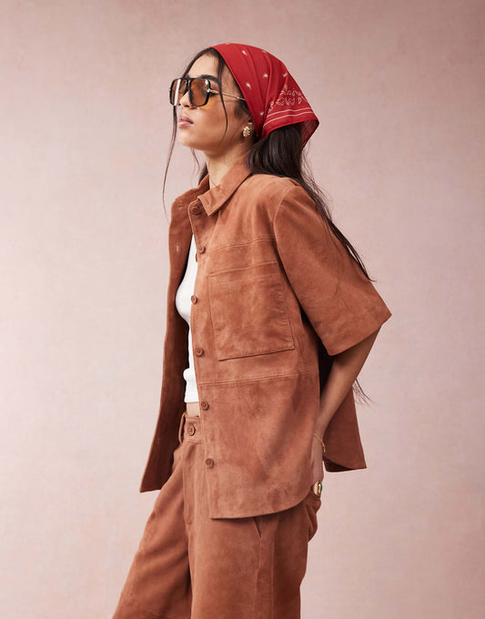 Suede Cropped Boxy Shirt Co-Ord