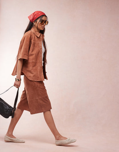 Suede Cropped Boxy Shirt Co-Ord