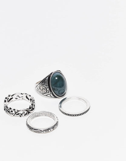 Unisex 4 Ring Pack With Faux Emerald Stone