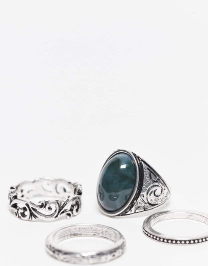 Unisex 4 Ring Pack With Faux Emerald Stone