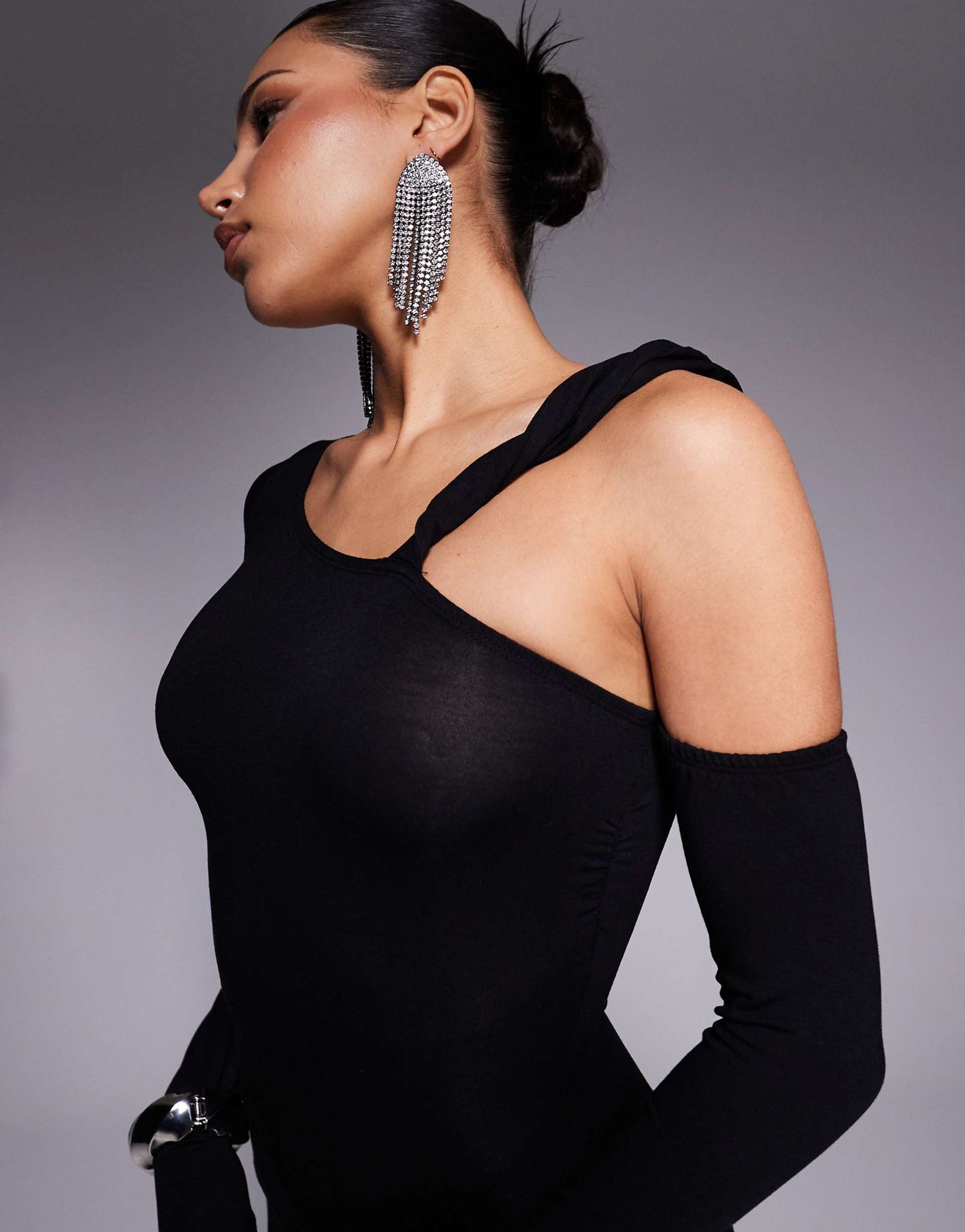 Long Sleeve Asymmetric Neckline Maxi Dress With Twist Strap Detail