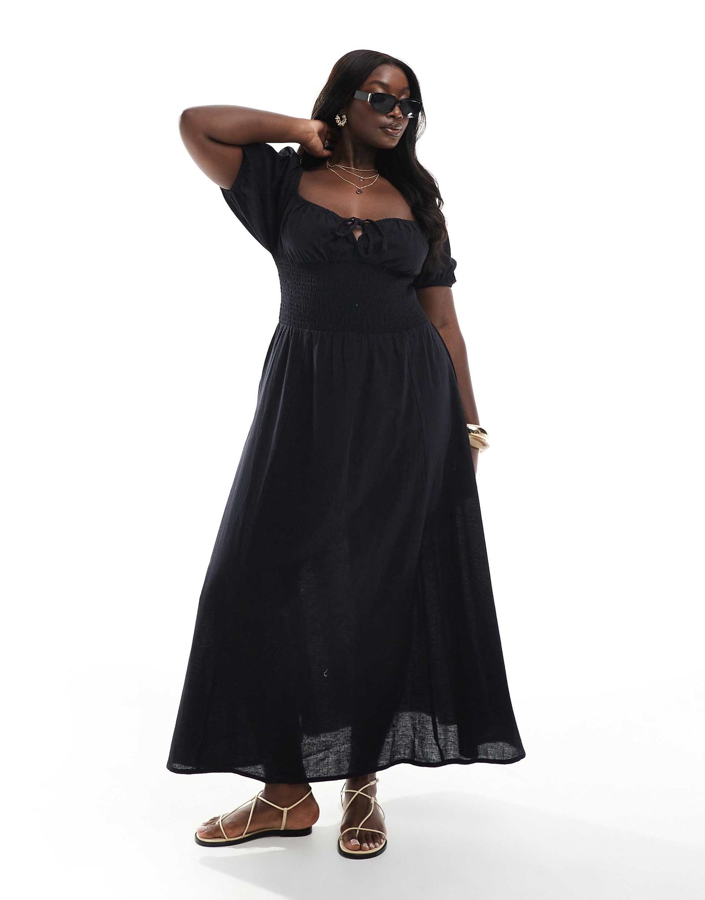 Exclusive Puff Sleeve Tie Front Maxi Beach Dress