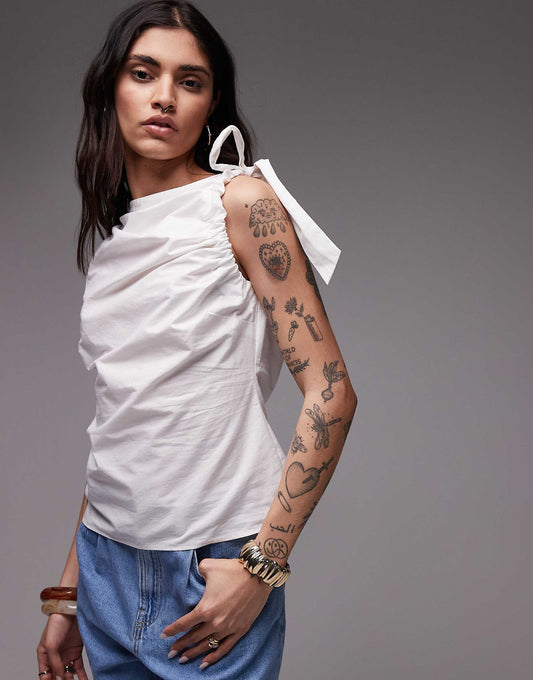Poplin Ruch Shoulder Sleeveless Top