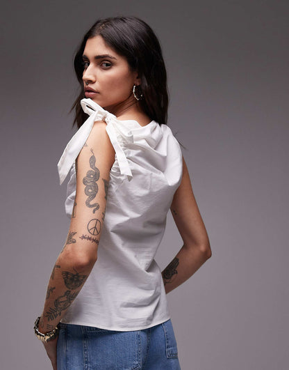 Poplin Ruch Shoulder Sleeveless Top