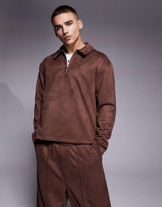 Co-Ord Oversized Boxy Faux Suede Polo Shirt