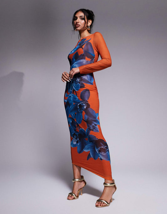 Fitted Maxi Dress With Placement Print