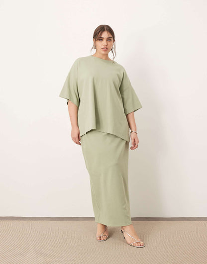 Curve Premium Heavy Weight Textured Jersey Shirt And Column Maxi Skirt Co-Ord