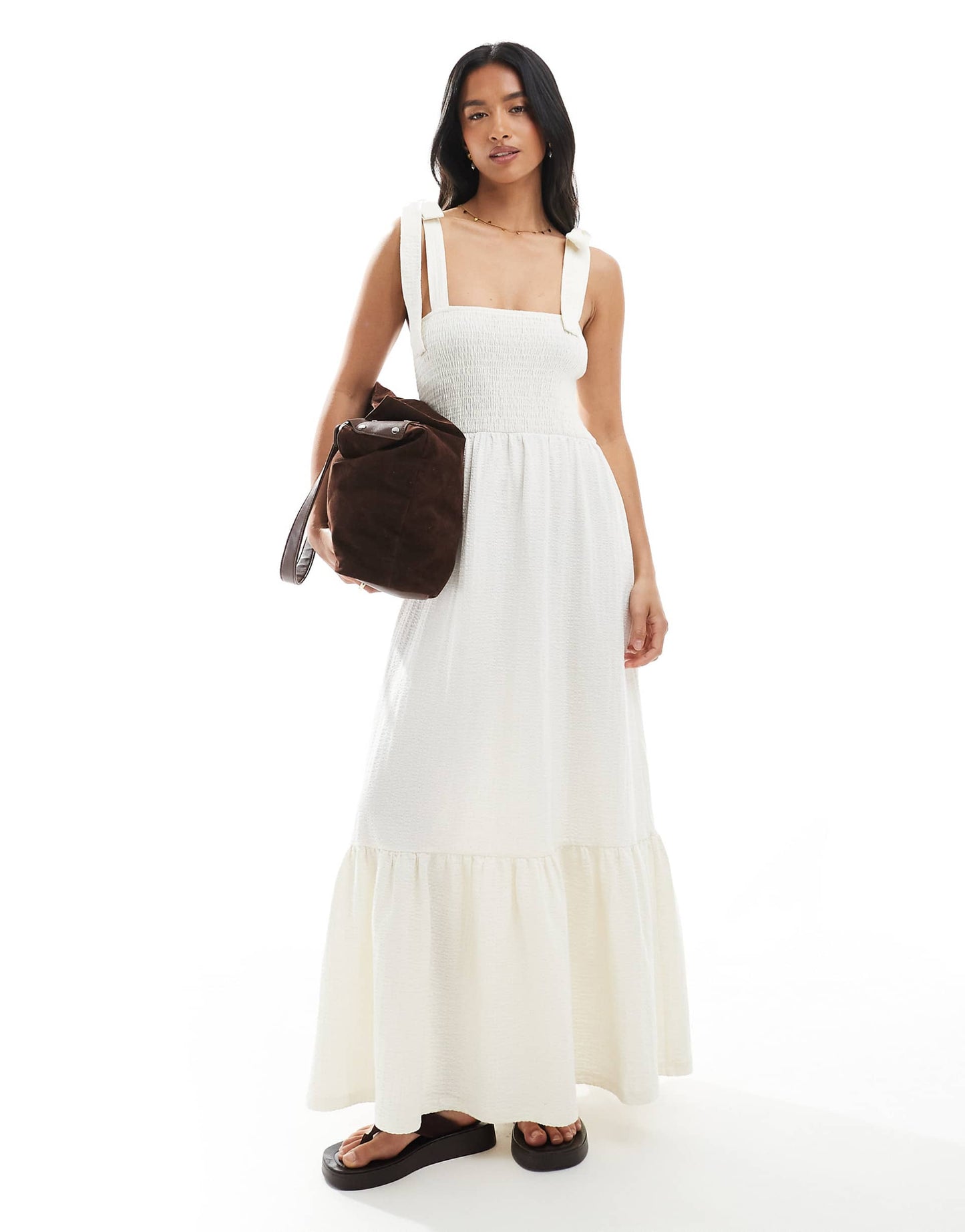 Petite Seersucker Tie Shoulder Tiered Maxi Dress