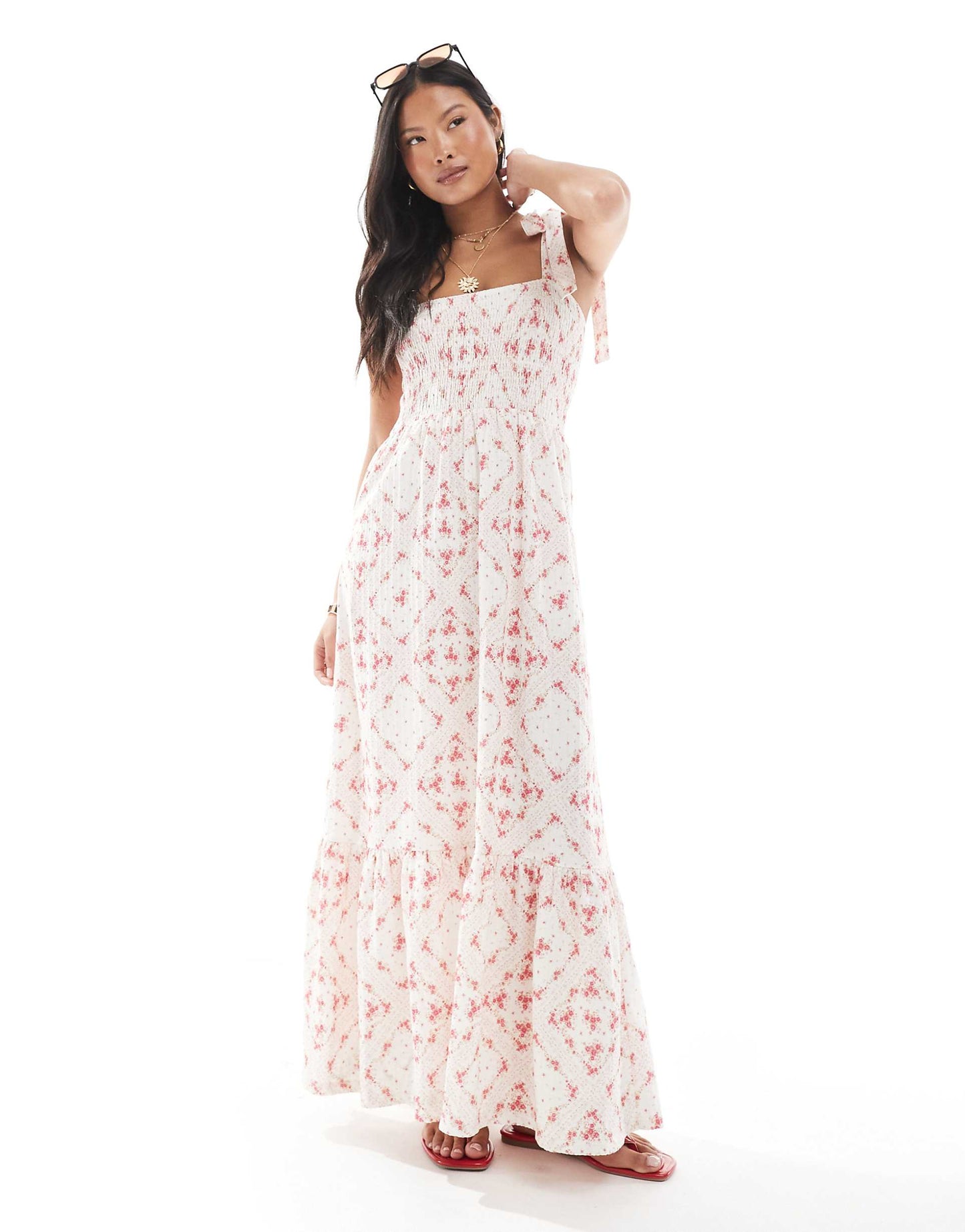 Petite Seersucker Tie Shoulder Tiered Maxi Dress