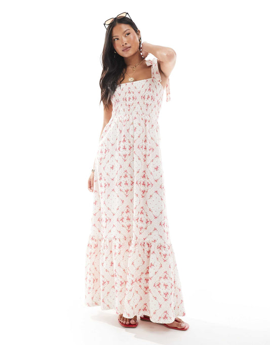 Petite Seersucker Tie Shoulder Tiered Maxi Dress