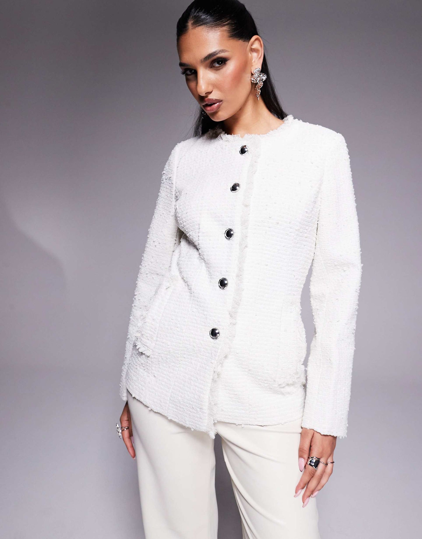Collarless Boucle Jacket