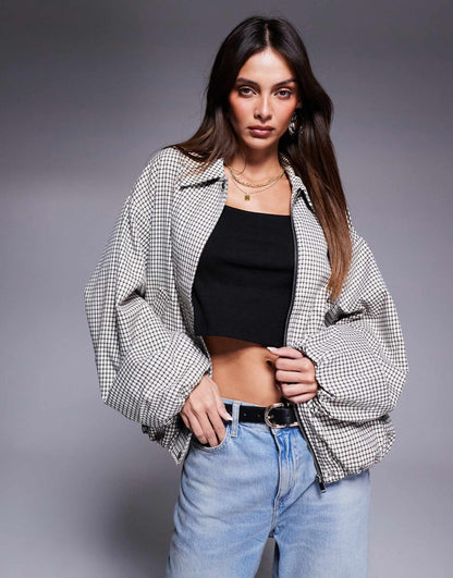 Check Bubble Hem Bomber Jacket