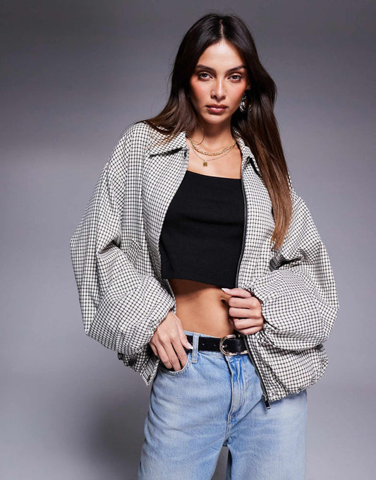 Check Bubble Hem Bomber Jacket