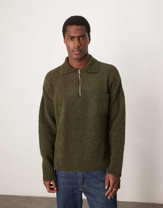 Oversized Boxy Fit Textured Knitted Quarter Zip Polo Jumper