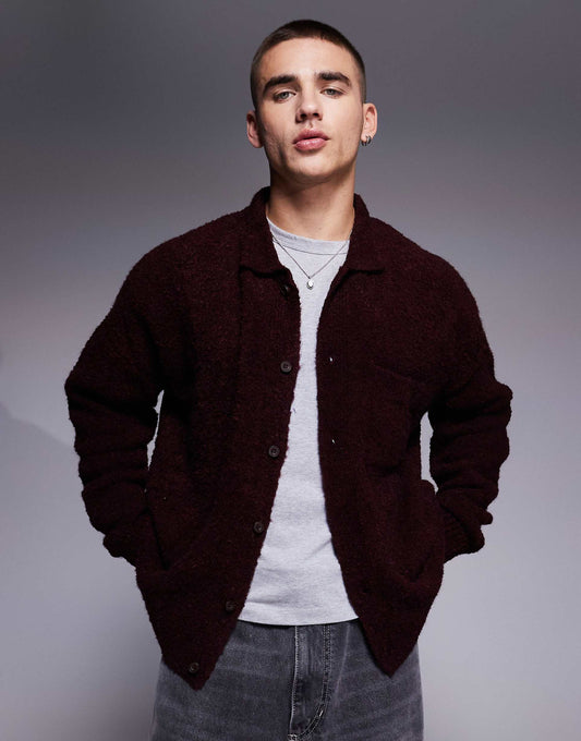 Oversized Boxy Textured Knitted Collar Cardigan
