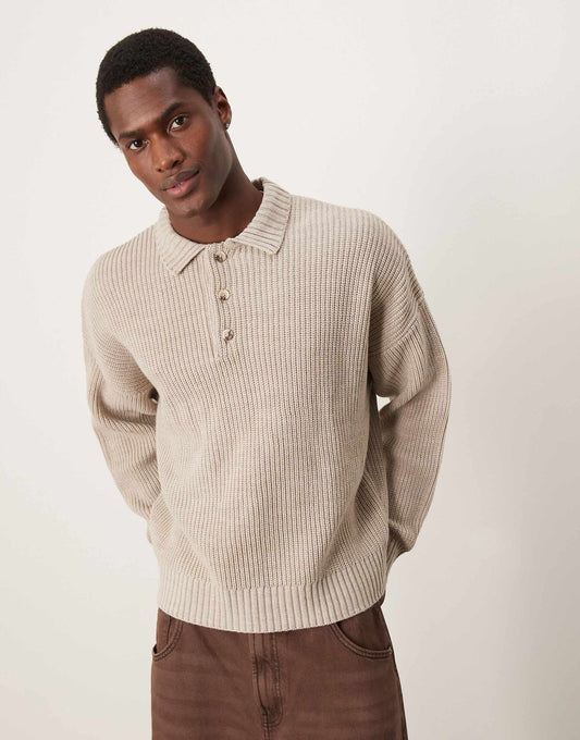 Oversized Boxy Fit Fisherman Rib Knitted Polo Jumper