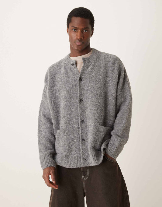 Super Oversized Boxy Fit Knitted Textured Crew Neck Cardigan