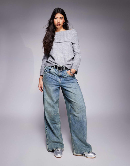 Fluffy Off Shoulder Jumper With Wide Cuff