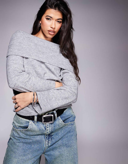 Fluffy Off Shoulder Jumper With Wide Cuff