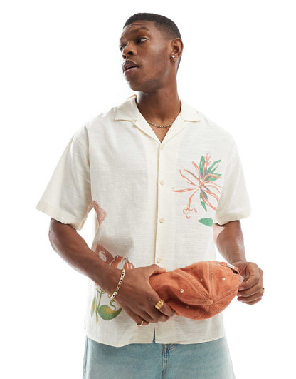 Revere Collar Shirt With Flower Art Print