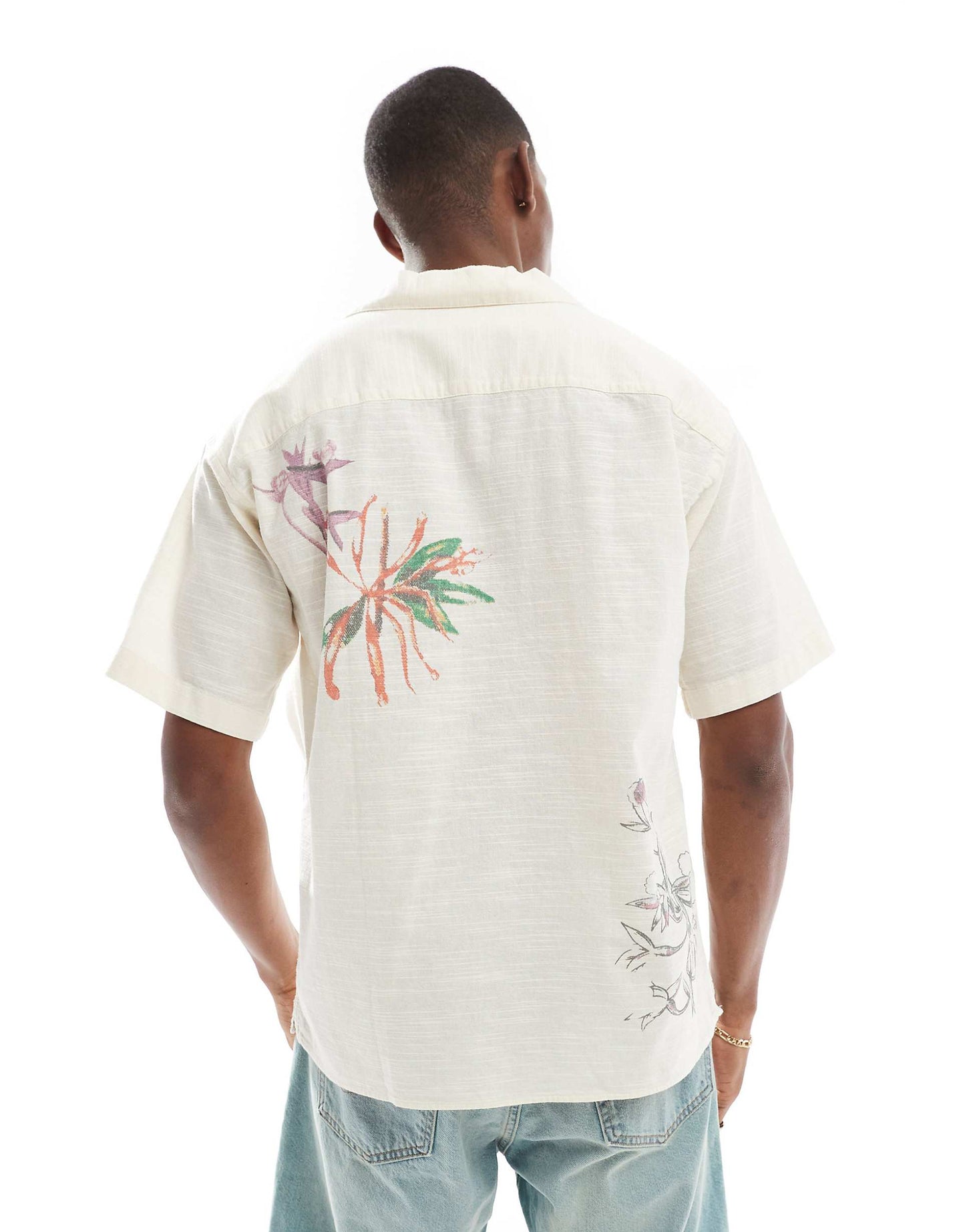 Revere Collar Shirt With Flower Art Print