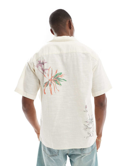 Revere Collar Shirt With Flower Art Print