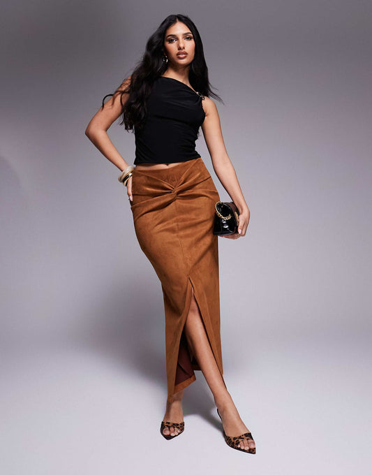 Suedette Twist Front Midi Skirt