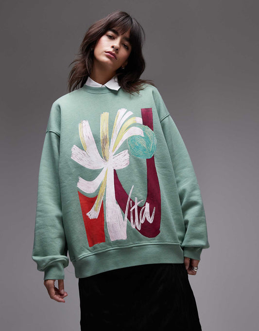 Oversized Washed Sweatshirt With Abstract Graphic