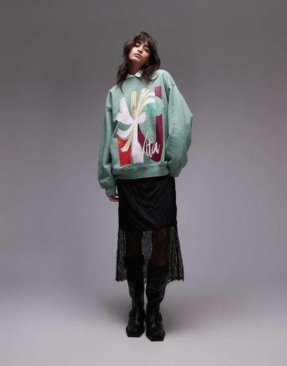 Oversized Washed Sweatshirt With Abstract Graphic