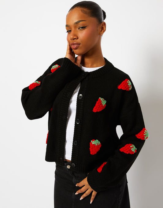 London Strawberry Applique Black Knitted Cardigan