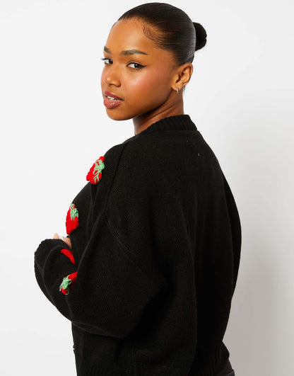 London Strawberry Applique Black Knitted Cardigan