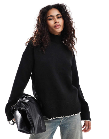 High Neck Jumper With Blanket Stitch